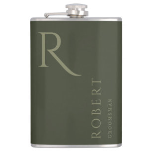 Khaki Green Masculine Monogram Groomsmen Gift Hip Flask