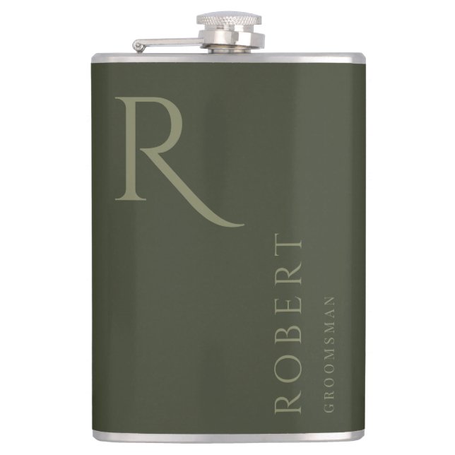 Khaki Green Masculine Monogram Groomsmen Gift Hip Flask (Front)