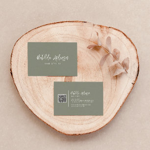 Khaki green modern minimal script QR CODE Business Card