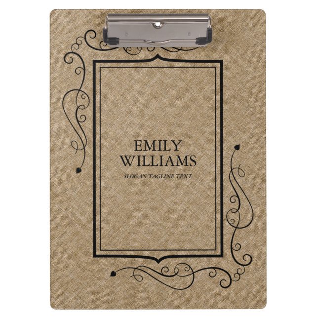 Khaki Linen Texture Black Vintage Frame Clipboard (Front)