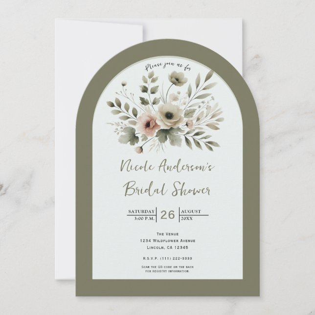 Khaki Olive Green Watercolor Floral Bridal Shower Invitation (Front)