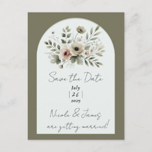 Khaki Olive Green Watercolor Floral Save Date Announcement Postcard