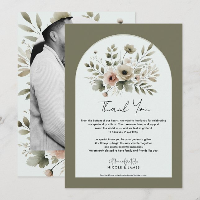 Khaki Olive Green Watercolor Floral Thank You Invitation (Front/Back)