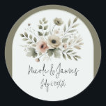 Khaki Olive Green Watercolor Floral Wedding Classic Round Sticker<br><div class="desc">Customise with any text.</div>