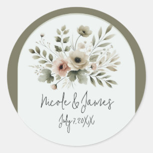 Khaki Olive Green Watercolor Floral Wedding Classic Round Sticker
