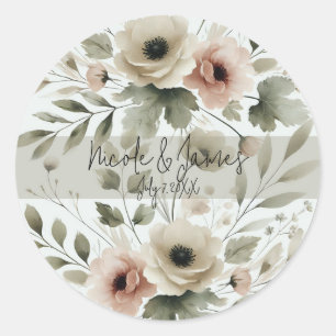 Khaki Olive Green Watercolor Floral Wedding Classic Round Sticker