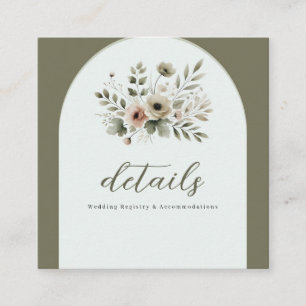 Khaki Olive Green Watercolor Floral Wedding Detail Square Business Card