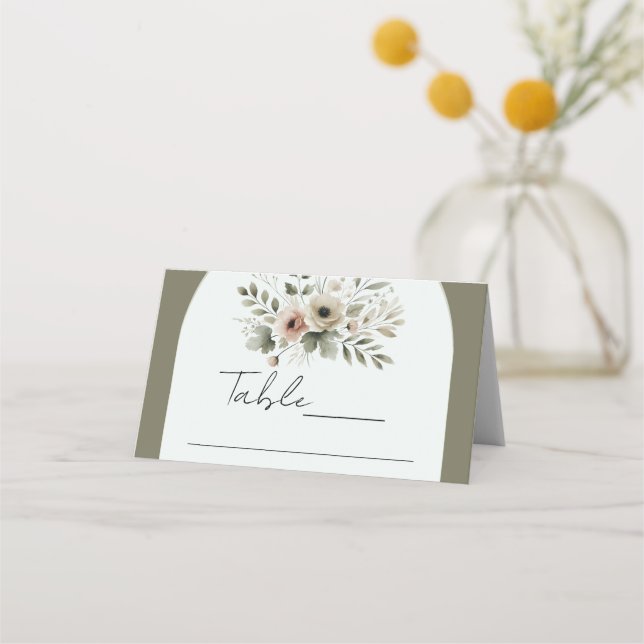 Khaki Olive Green Watercolor Floral Wedding  Place Card (Front)