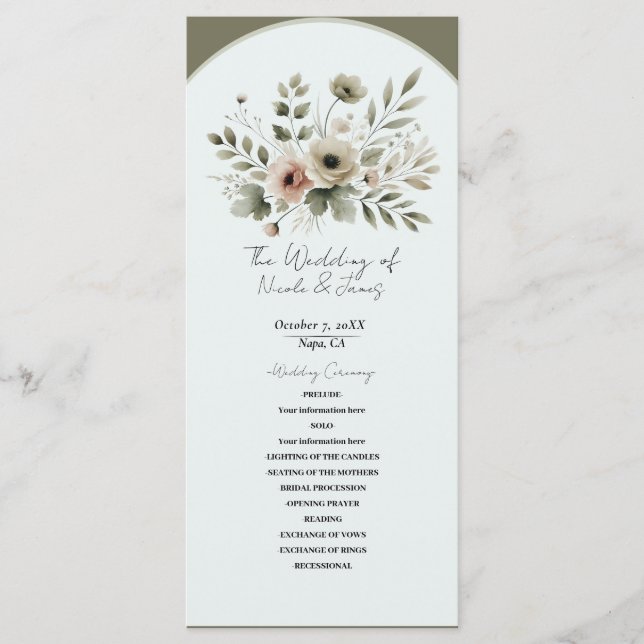 Khaki Olive Green Watercolor Floral Wedding Programme (Front)