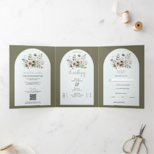 Khaki Olive Green Watercolor Floral Wedding Tri-Fold Invitation