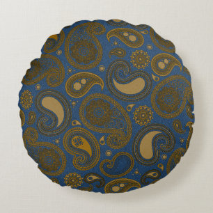 Khaki Paisley on Blue Jean motif Round Cushion