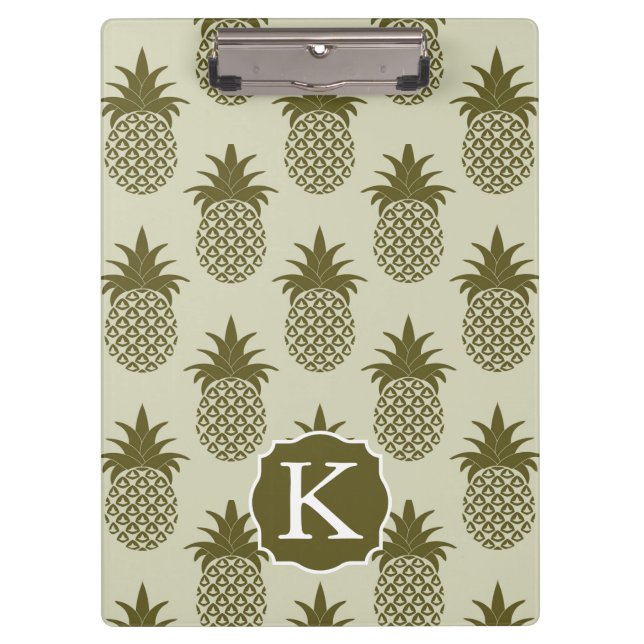 Khaki Pineapple Pattern | Add Your Initial Clipboard (Front)