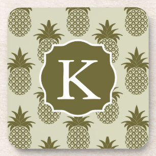 Khaki Pineapple Pattern Add Your Initial Coaster