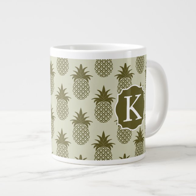 Khaki Pineapple Pattern | Add Your Initial Large Coffee Mug (Front Right)
