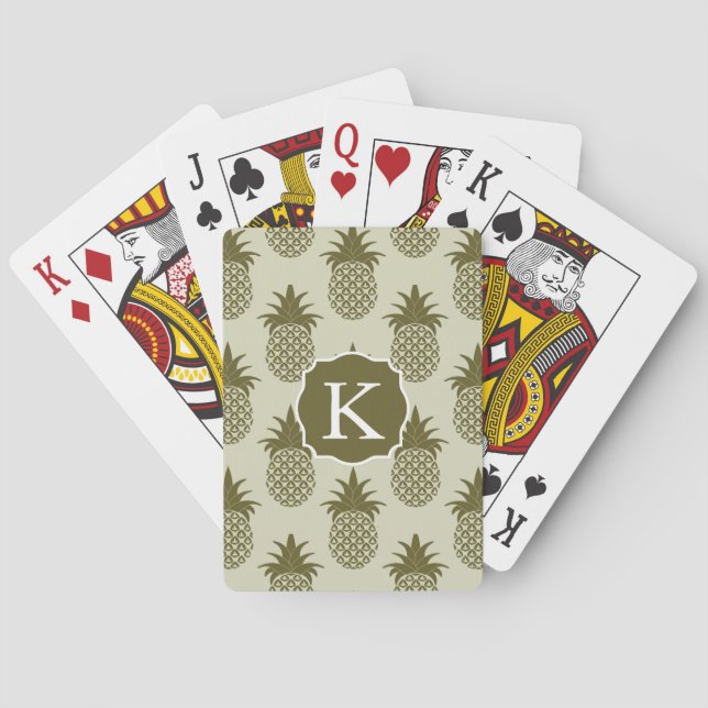 Khaki Pineapple Pattern | Add Your Initial Playing Cards (Back)
