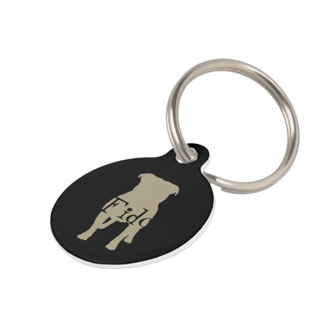 Khaki Pug Silhouettes on Black Background Pet Tag (Side)