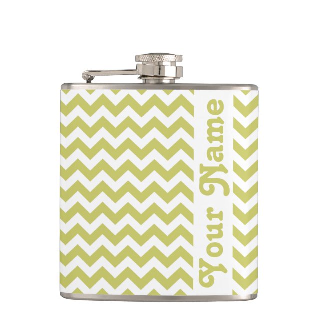 Khaki Safari Chevron with customisable name Hip Flask (Front)