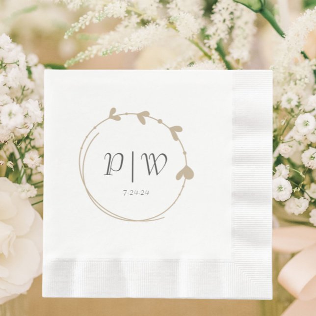 Khaki Simple Heart Wreath Monogram Wedding Napkin (In Situ Wedding)