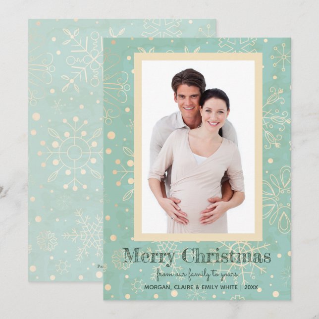 Khaki Snowflakes on Mint Christmas Photo Cards (Front/Back)