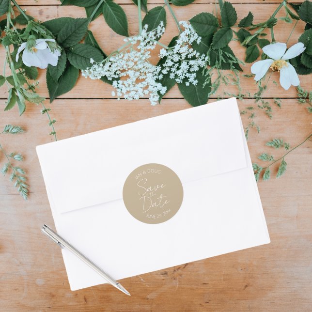 Khaki Stylised Wedding Save the Date Classic Round Sticker (In Situ Wedding)