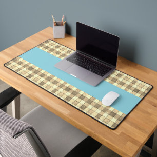 Khaki tan cream gingham blue stripe desk mat