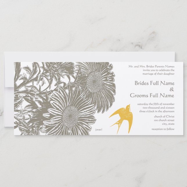 Khaki Vintage Flower and Goldenrod Bird Wedding Invitation (Back)