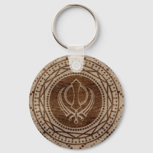 Khanda symbol on Wooden texture Key Ring