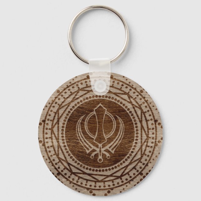 Khanda symbol on Wooden texture Key Ring (Front)