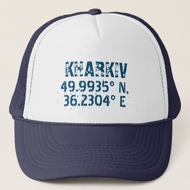 Kharkiv Ukraine Latitude & Longitude Distressed  Trucker Hat (Front)