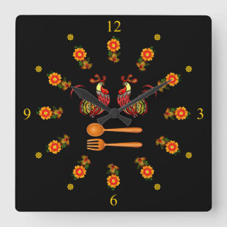 Khokhloma ~ Flower Ring ~ 2 Roosters ~ Square Wall Clock