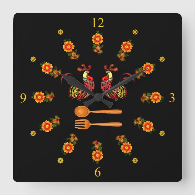 Khokhloma ~ Flower Ring ~ 2 Roosters ~ Square Wall Clock (Front)