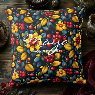 Khokhloma Inspired Floral Folk Pattern in Red Gold Cushion