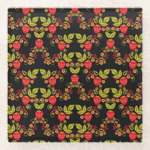 Khokhloma Russian Berries: Traditional Style Glass Coaster