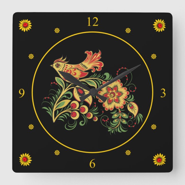 Khokhloma ~ Russian Folk Art ~Bird & Flower ~   Square Wall Clock (Front)