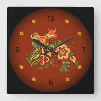 Khokhloma ~ Russian Folk Art ~ Bird ~ Flowers ~ Square Wall Clock