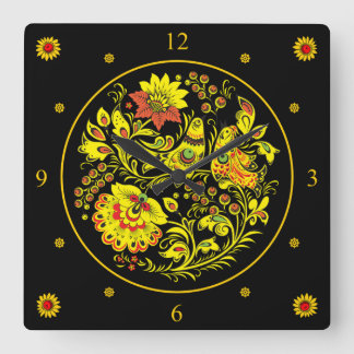 Khokhloma ~ Russian Folk Art ~Birds & Flowers ~  ~ Square Wall Clock