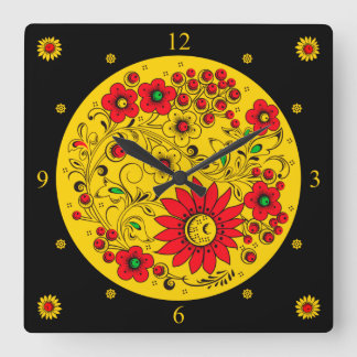 Khokhloma ~ Russian Folk Art ~ Flowers ~ Square Wall Clock