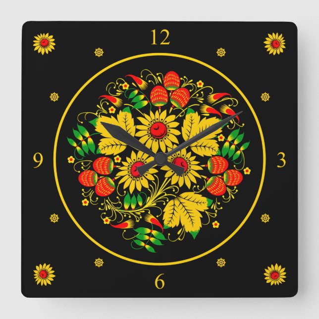 Khokhloma ~ Russian Folk Art ~ Flowers ~ Square Wall Clock (Front)