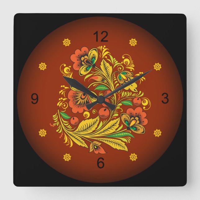 Khokhloma ~ Russian Folk Art ~ Flowers ~ Square Wall Clock (Front)