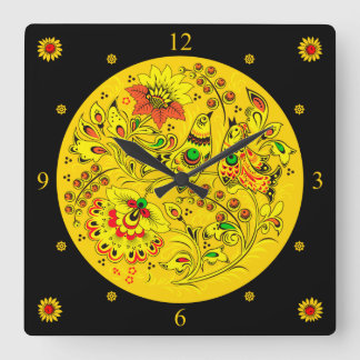 Khokhloma ~ Russian Folk Art ~ Paisley Birds ~ Square Wall Clock
