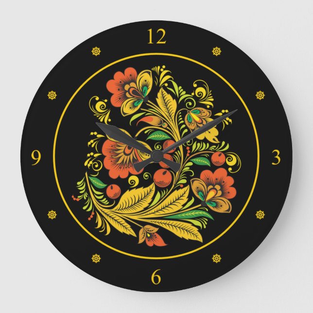 Khokhloma ~ Russian Folk Art ~ Red/Gold Flowers ~  Large Clock (Front)
