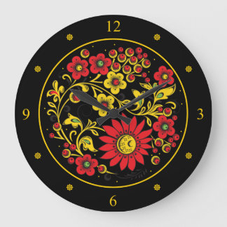 Khokhloma ~ Russian Folk Art ~ Red/Gold Flowers ~  Large Clock