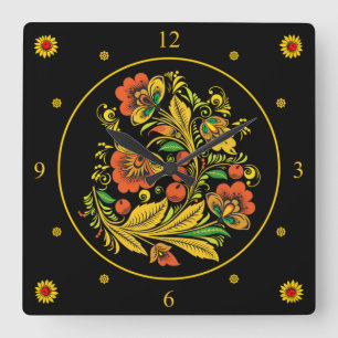 Khokhloma ~ Russian Folk Art ~ Red/Gold Flowers ~ Square Wall Clock