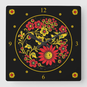 Khokhloma ~ Russian Folk Art ~ Red/Gold Flowers ~ Square Wall Clock