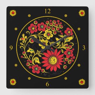 Khokhloma ~ Russian Folk Art ~ Red/Gold Flowers ~  Square Wall Clock