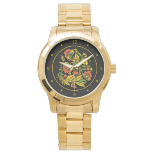Khokhloma ~ Russian Folk Art ~ Red/Gold Flowers ~ Watch