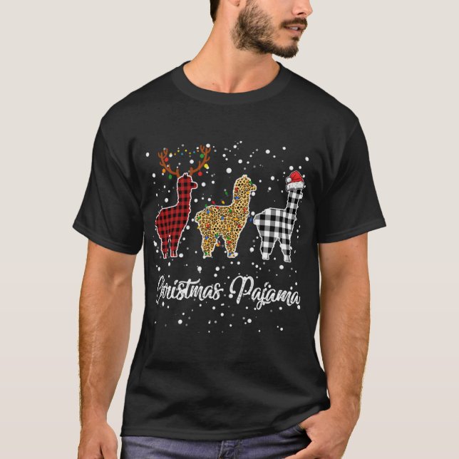 Ki Cute Llama Christmas Pajama Leopard Plaid Print T-Shirt (Front)