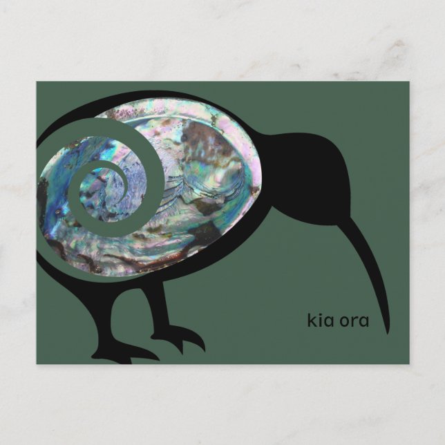 KIA ORA NZ KIWI BLACK PAUA FERN KORU NEW ZEALAND POSTCARD (Front)
