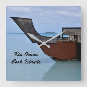 Kia Orana Polynesian Beach and Vaka Boat Square Wall Clock