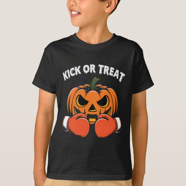 Kick Or Treat Halloween Boxing Funny Pumpkin Glove T-Shirt (Front)